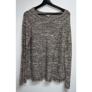 Lucky Brand Womens Sweater Size M Crew Neck Fringe Hem Basket Weave Knit Taupe